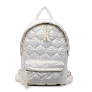 White quilted down cotton backpack with stylish diamond pattern and large capacity