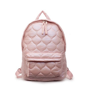 Pink quilted down-cotton backpack with puffer texture and embroidered stitching design