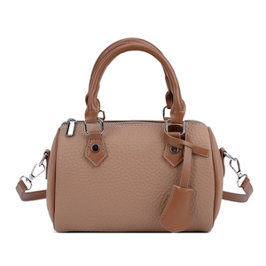 Brown lychee leather Boston bag with dual handles and adjustable shoulder strap