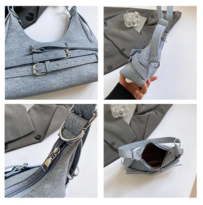 Vue détaillée du sac sous le bras en jean avec boucles argentées et doublure rayée
