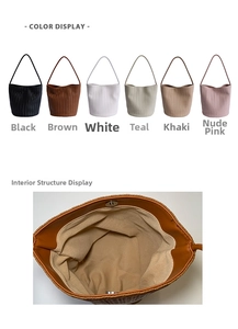 Detail view of woven leather tote bags in six colors with magnetic closure and inner lining