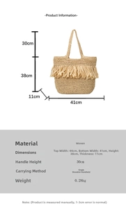 Detailed size chart for handmade woven fringe tote bag showing height width and depth