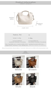 Detailed size chart and specifications for the woven PU leather minimalist handbag