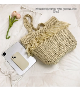 Size comparison showing straw tote bag with large capacity next to iPad and phone