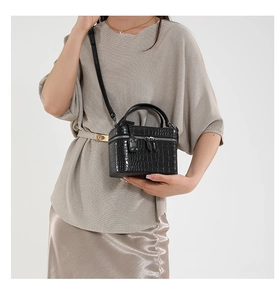 Close-up of black crocodile pattern vanity bag with dual zippers and leather handle
