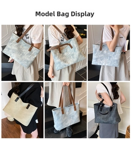 Three colors of textured tote bags shown in lifestyle settings with detailed model styling
