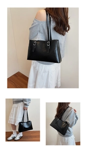 Three ways to wear the black glossy leather tote bag with silver buckles and large capacity