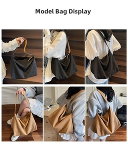 Vista multi-angolo di borse tote in tela nera e kaki che mostrano lo stile a tracolla