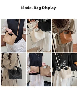Detail view of woven tote bags in four colors showing V-pattern texture and model styling