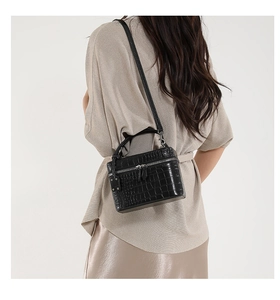 Detail showing back view of small black faux leather crocodile pattern crossbody bag