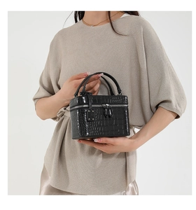 Detailed shot of black crocodile embossed leather vanity bag with silver zippers and handle