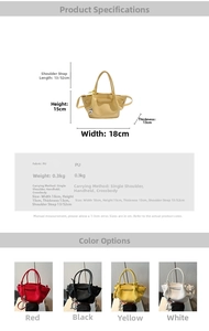 Dimensional diagram showing bucket bag size 18x15x13cm and available color options