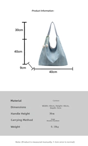 Detailed size specifications for light blue canvas tote bag with 30cm strap height
