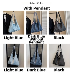 Detail view of denim hobo tote bag in three colors with optional tulip charm accessories