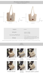 Detailed size chart for crochet shoulder bags in large and small dimensions with specs