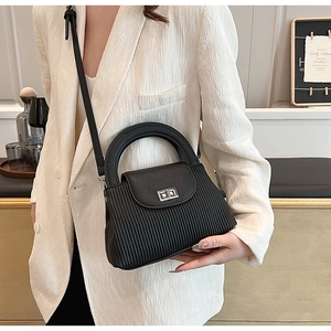 Detail shot of black striped handbag with silver metallic twist lock and top handle