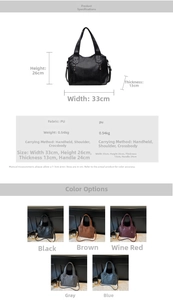 Detailed view of large capacity faux leather tote bag showing dimensions and color options