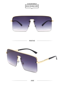 Détail des lunettes de soleil carrées oversize avec monture dorée et verres gris dégradés