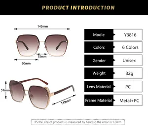 Detailed size chart for avant-garde oversized sunglasses with hollow metal frame and PC lenses
