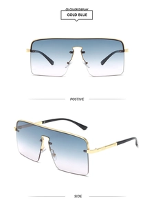 Détail de lunettes de soleil carrées dorées avec verres dégradés bleus, vues de face et de profil