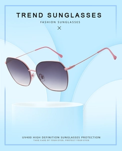 Detailed view of polygon metal sunglasses with UV400 gradient lenses on display stand