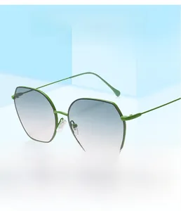 Detail of green polygon metal frame sunglasses with blue-pink gradient lenses