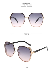 Detail of oversized sunglasses showing hollow metal texture on temples and gradient lenses