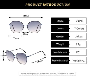 Detailed size specifications chart for retro polygonal metal frame sunglasses