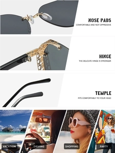 Detail view of gold hollow hinges and scene display of stylish oversized sunglasses