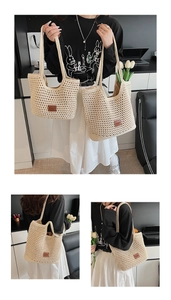 Detail of hollow crochet texture and brown leather label on beige cotton woven tote bag