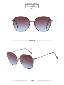 Detailed front and side views of oversized hexagonal metal sunglasses with gradient lenses