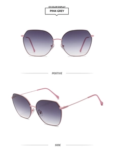 Front and side views of polygon pink metal frame sunglasses with grey gradient lenses
