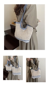 Detail of crochet woven tote bag featuring beige mesh texture and light blue trim accents