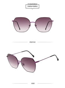Detail view of purple geometric hexagonal metal sunglasses with gradient lenses