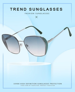 Close-up of trendy oversized metal sunglasses with green glitter detail and UV400 lenses