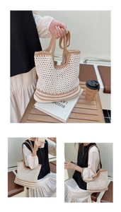 Detail of the hollow hand-woven cotton shoulder bag with contrast khaki handle for vacation