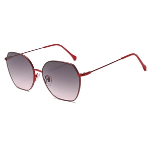 Retro polygon metal sunglasses with red frame and purple gradient lenses on white background