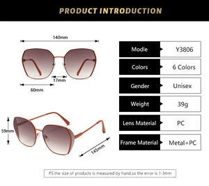 Detailed technical specifications and dimensions of oversized fashion sunglasses