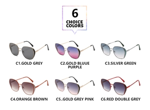 Matrix display of six colorful oversized metal sunglasses in various gradient lens tints