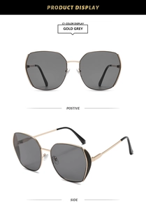 Detail view of gold metal sunglasses with grey lenses and glitter trim in front and side views