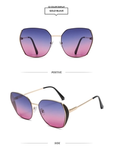 Detailed views of gold metal sunglasses with gradient blue and pink geometric lenses