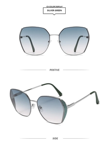 Detailed front and side views of silver metal square sunglasses with blue gradient lenses
