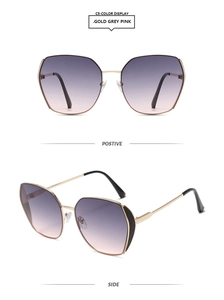 Detail views showing the gold metal frame and gradient purple to pink lenses of the sunglasses