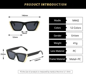 Detailed size chart for cat-eye sunglasses with precise frame and lens measurements