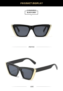 Cat eye sunglasses detail in black grey with gold triangular metal accent and side view