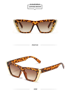 Front and side view of leopard print cat eye sunglasses with gold accents and brown lenses