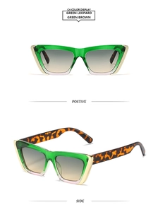 Cat eye sunglasses detail with green transparent frames and leopard pattern temples