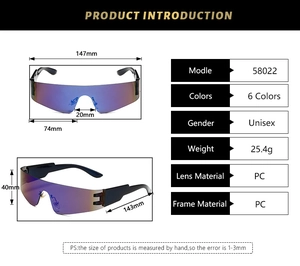 Detailed size specifications for Y2K rimless unisex sunglasses with PC lens measurements
