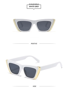 Front and side views of stylish cat-eye sunglasses with white frames and gold accents
