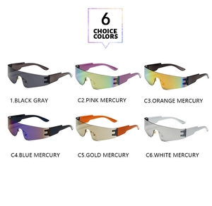 Detail view of rimless Y2K wrap-around sunglasses available in six mirrored lens colors